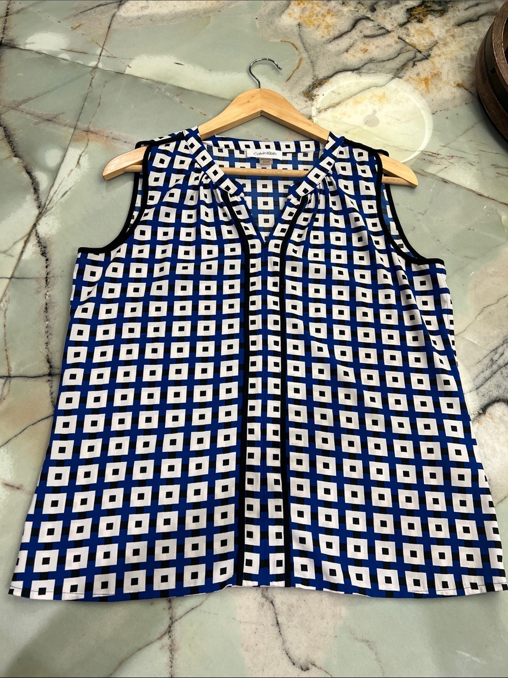 Calvin Klein Blue and White Geometric Sleeveless Top
